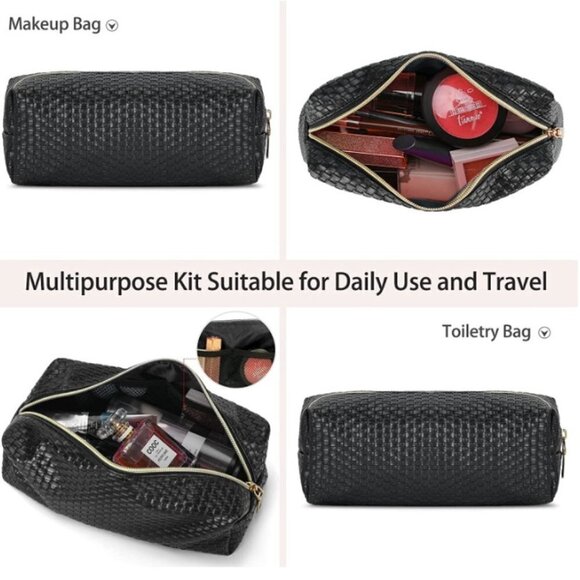 3 Pcs 1 Clear Waterproof Cosmetic Bag, 2 Travel Makeup Bags Leather Weave Makeup - Picture 4 of 5